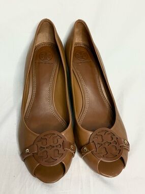 Tory Burch Leather Peep Toe Wedges